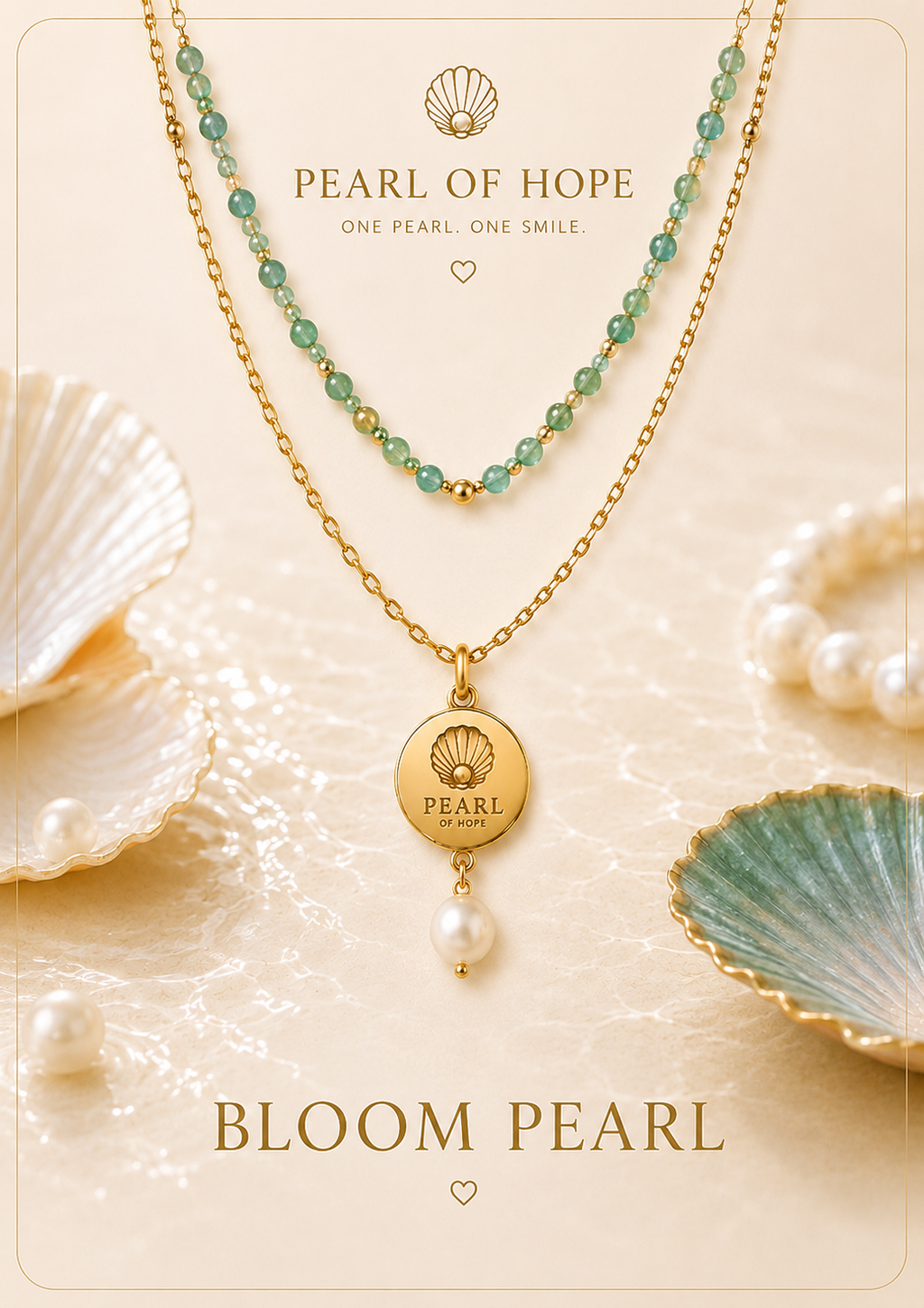 Bloom Pearl Doppelkette von PEARL of Hope mit grünen Naturstein-Perlen, echter Perle und 18K vergoldetem Edelstahl. Mit jedem Kauf werden Kinderhilfsprojekte unterstützt.