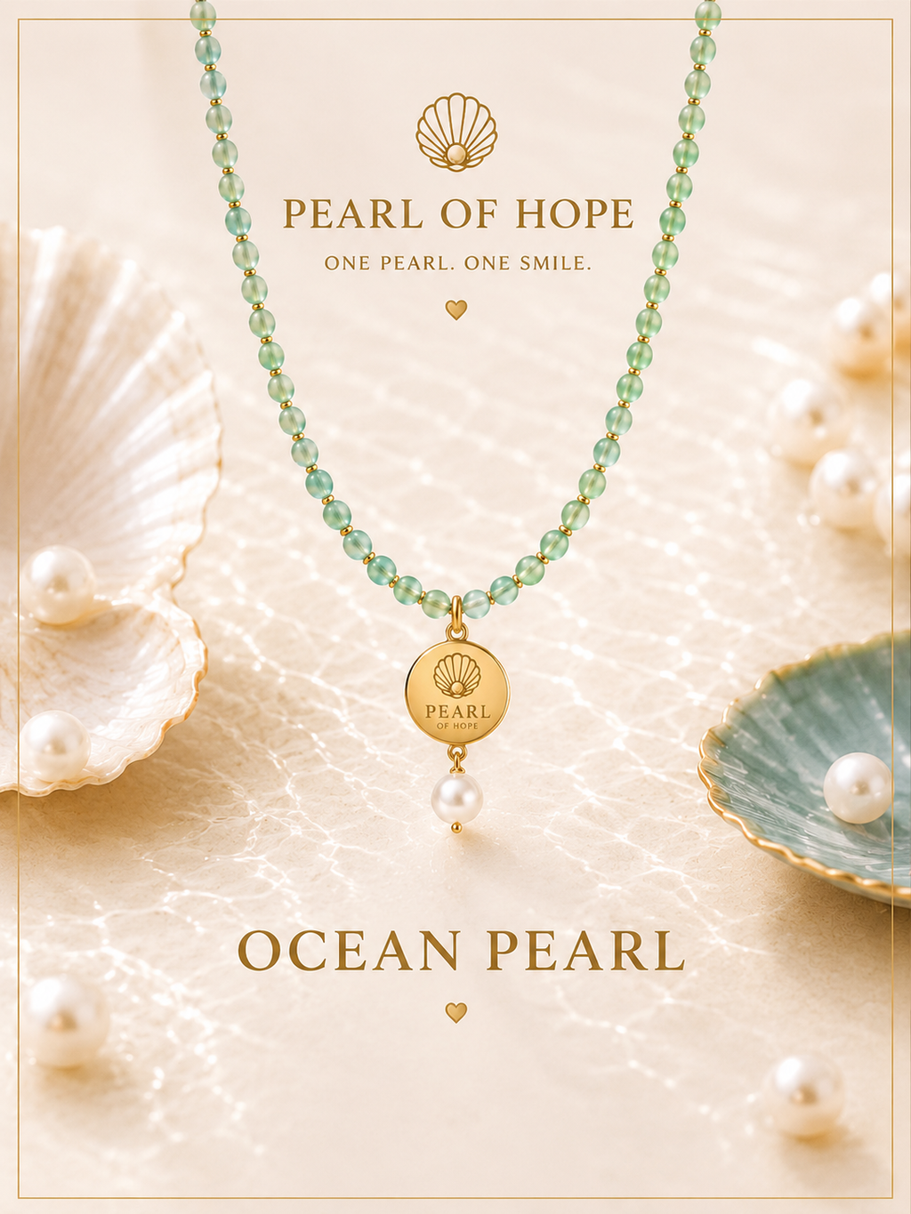 Ocean Pearl Halskette von PEARL of Hope mit grünen Naturstein-Perlen, echter Perle und 18K vergoldetem Edelstahl. Mit jedem Kauf werden Kinderhilfsprojekte unterstützt.