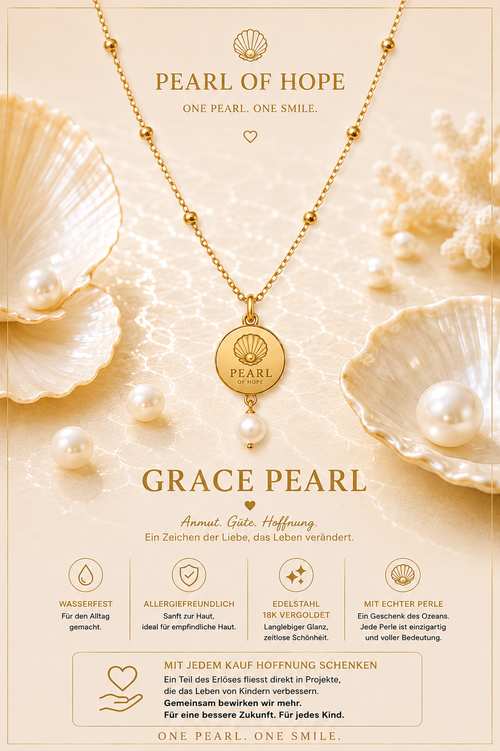 Die Grace Pearl vereint zeitlose Eleganz mit einer bedeutungsvollen Geschichte. Gefertigt aus 18K vergoldetem Edelstahl und veredelt mit einer echten Perle, erinnert sie daran, dass wahre Schönheit von Herzen kommt. Mit jedem Kauf unterstützt du die Kinderhilfsprojekte von PEARL of Hope und schenkst Hoffnung, neue Chancen und ein Lächeln.