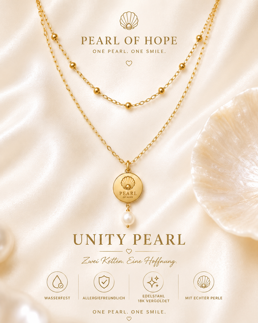 Unity Pearl Doppelkette von PEARL of Hope aus 18K vergoldetem Edelstahl mit echter Perle. Mit jedem Kauf werden Kinderhilfsprojekte unterstützt.